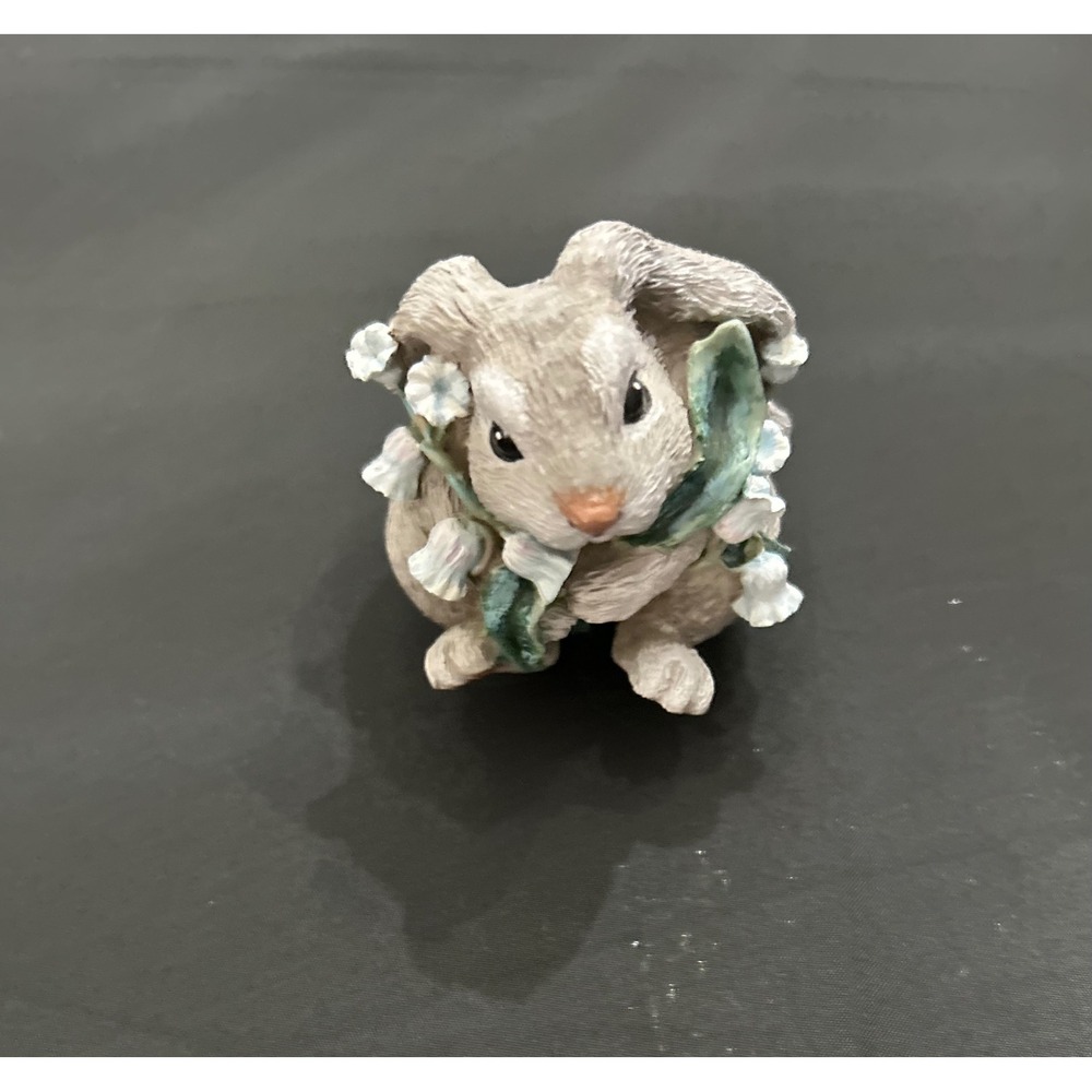 Resin Bunny Rabbit Planter Hugger Pot Sitter w/Blue Flowers Spring Garden Decor